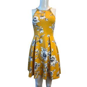 Women's Dress Fit Flare Mini Pleated Floral Print Halter Neck Yellow Size Small